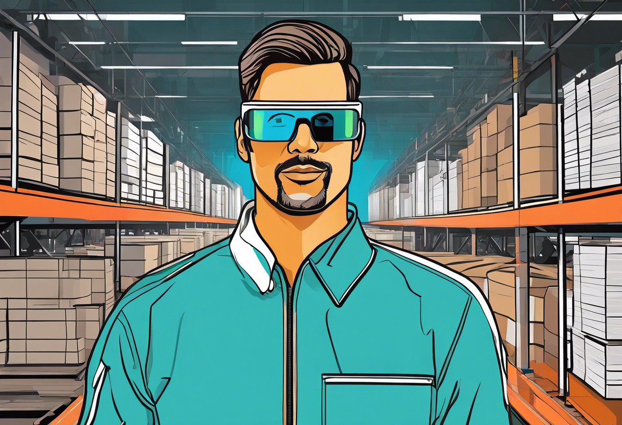 Colorful man wearing Google Glass in a warehouse