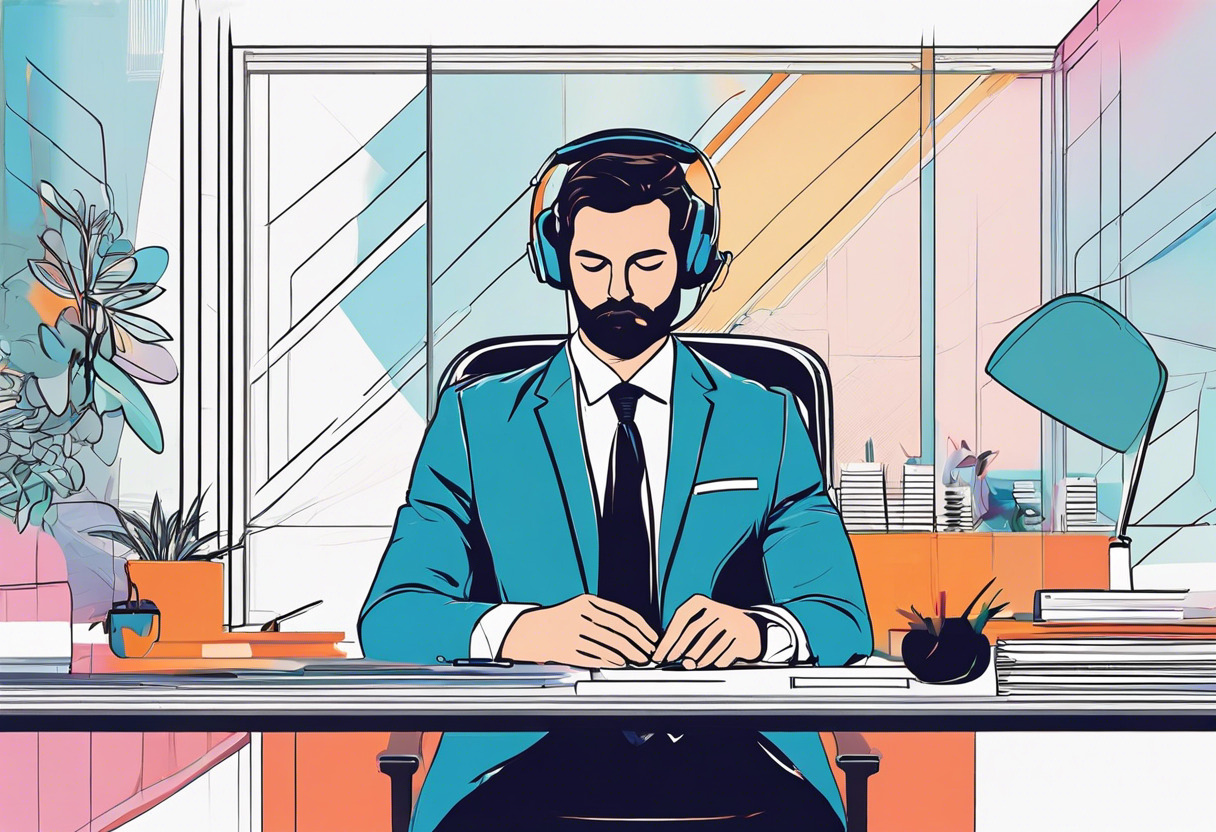 Colorful office setting with an executive using Meta Quest Pro headset