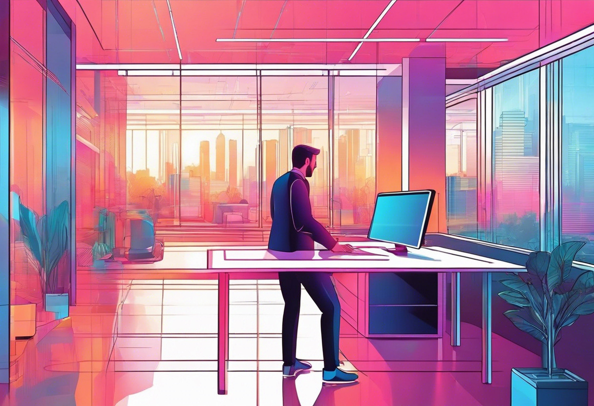 Colorful office worker interacting with a holographic design in a modern office setting