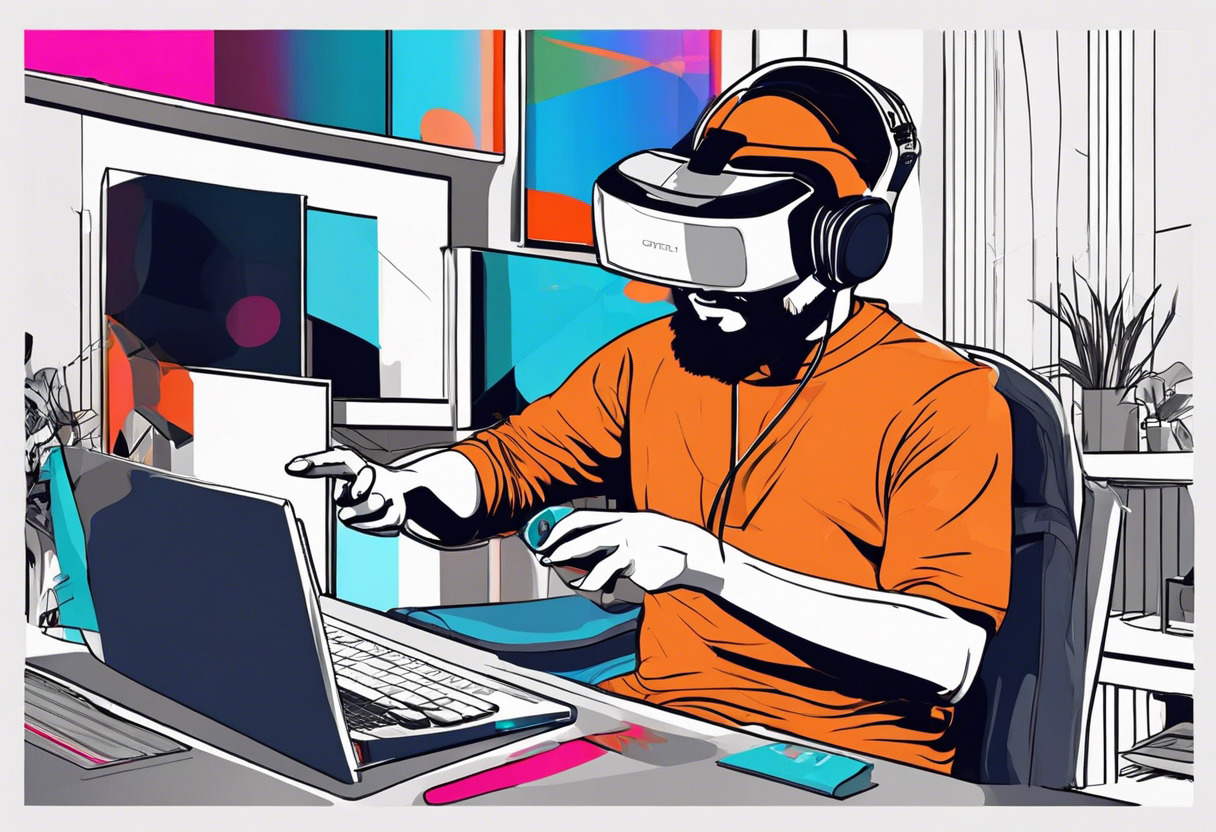 Colorful picture of a tech enthusiast wearing Oculus Rift while gaming at his home studio