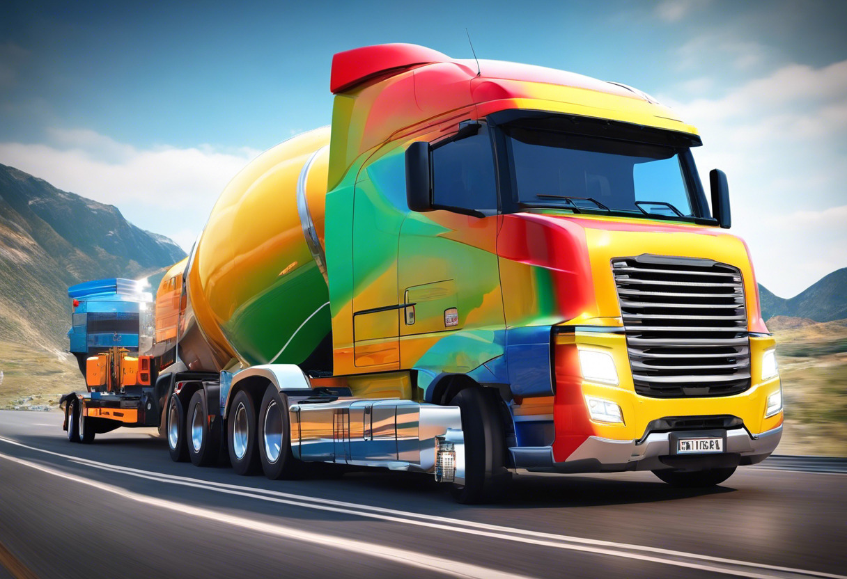 Colorful picture of an experienced transporter driver behind the wheel of a heavy-duty vehicle, ready to embark on a long highway journey.