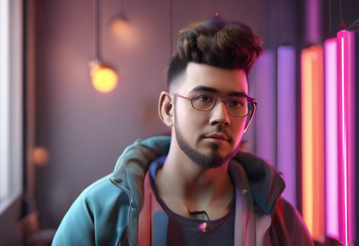 Colorful portrait of a 3D artist using Marmoset Toolbag in a modern studio