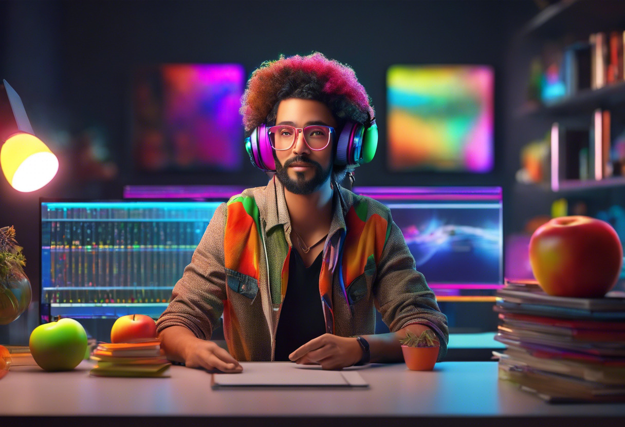 Colorful portrait of a creative professional immersed with Apple Vision Pro inside a digital studio