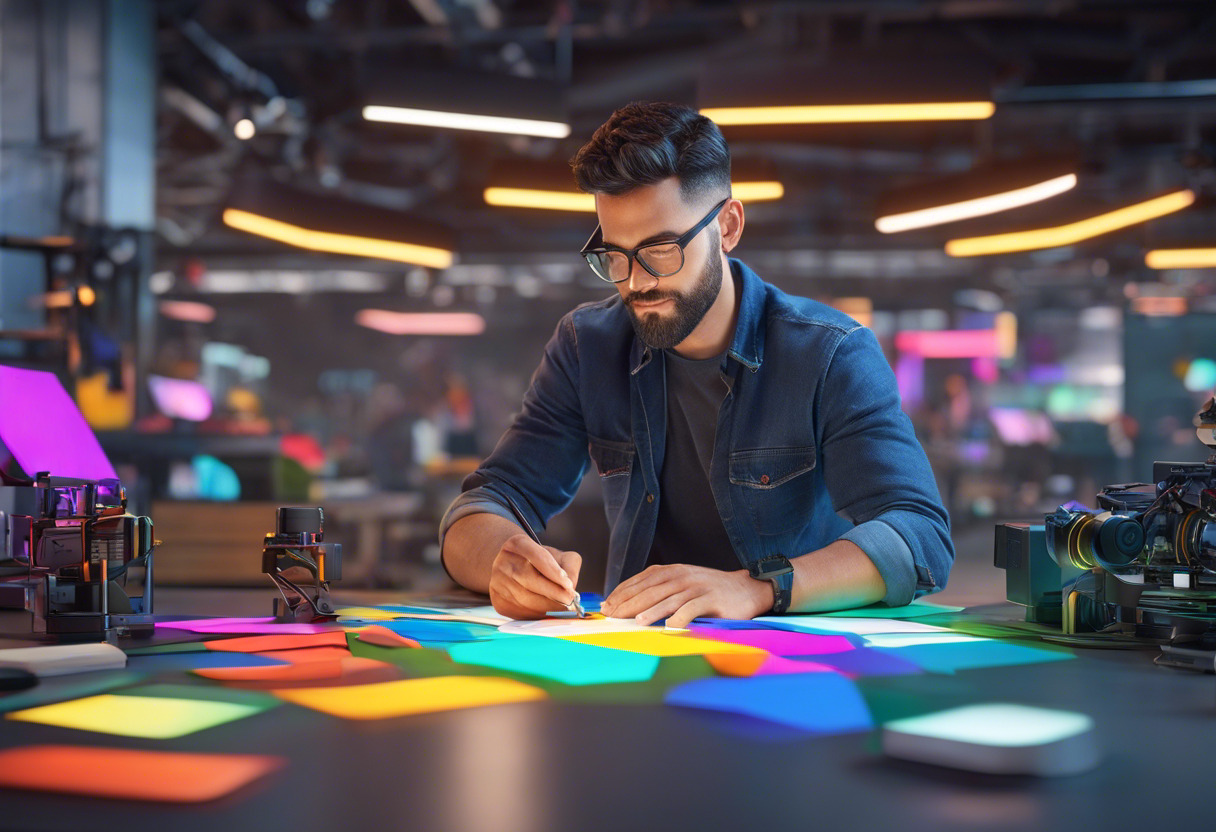 Colorful portrait of a product manager crafting an immersive AR product presentation on JigSpace in a bustling industrial workspace