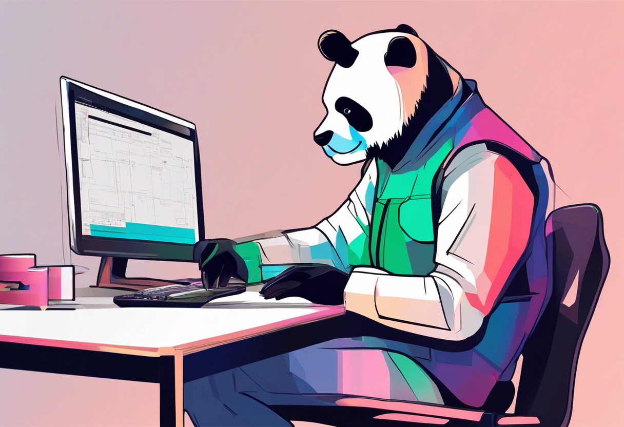 Colorful portrayal of a programmer engrossed in game development using Panda3D engine