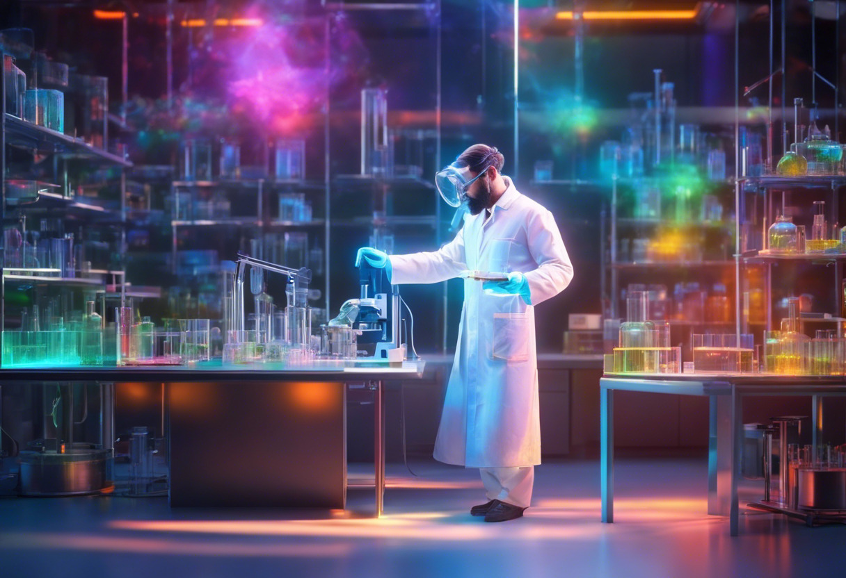 Colorful portrayal of a scientist creating a 3D hologram in a laboratory