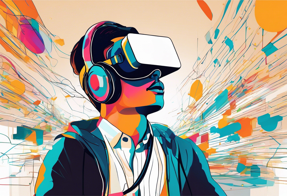 Colorful portrayal of a tech-savvy user experiencing an immersive game through Oculus Rift