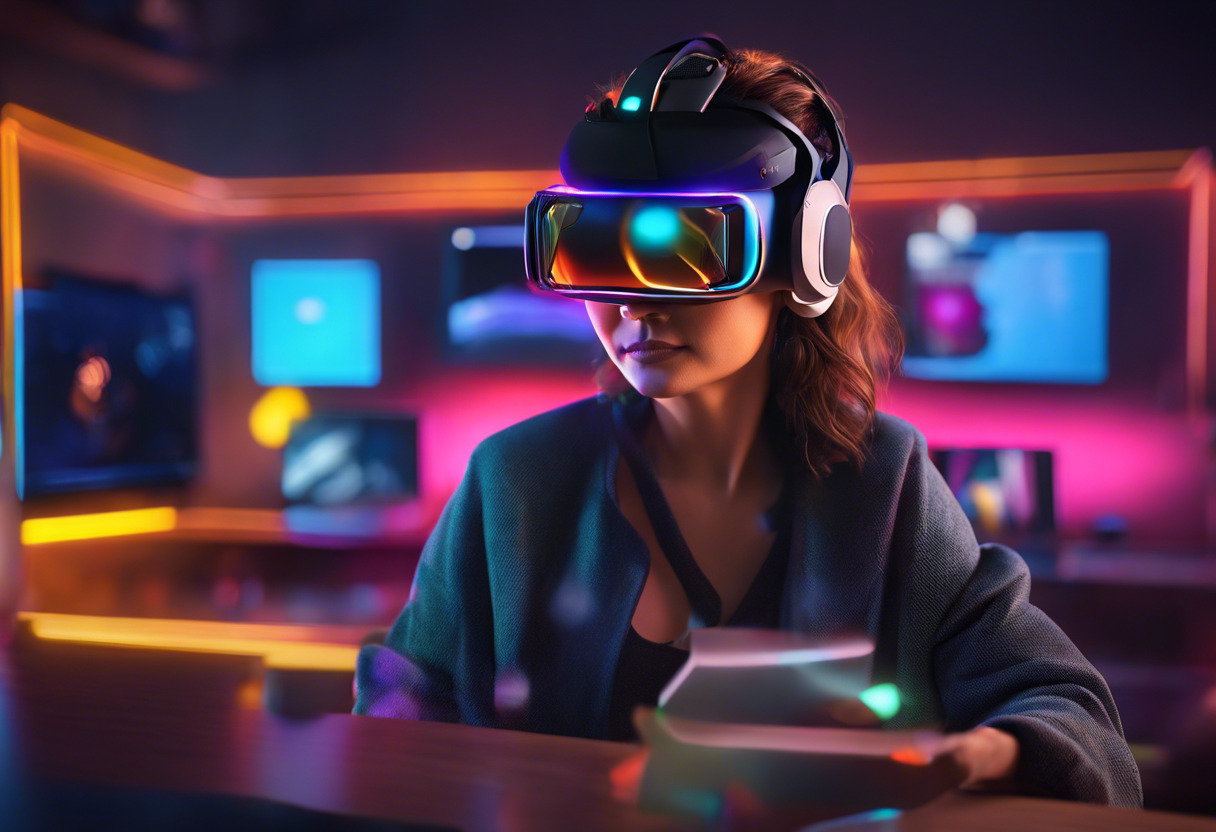 Colorful portrayal of a user experiencing virtual environment through VR headset