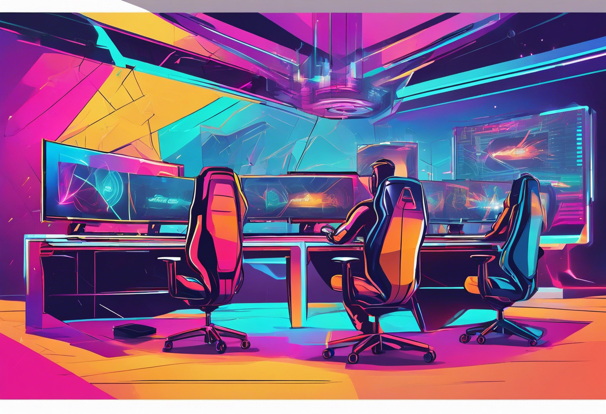 Colorful portrayal of an intense eSports competition at a high-tech gaming arena