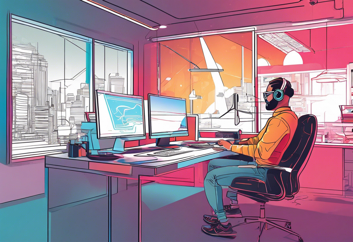 Colorful programmer at a modern workspace using Magic Leap