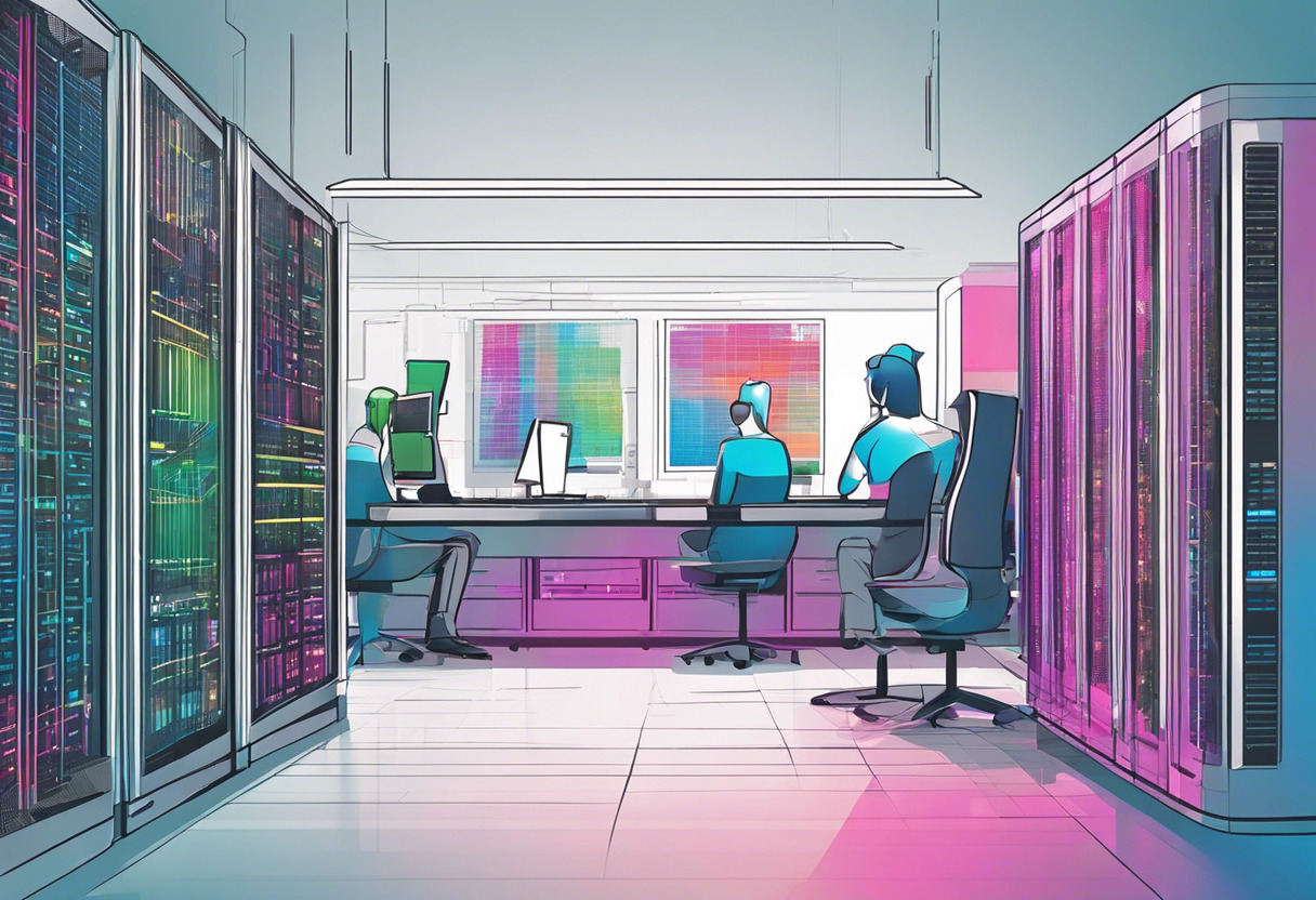 Colorful programmers analyzing CUDA operations in a server room