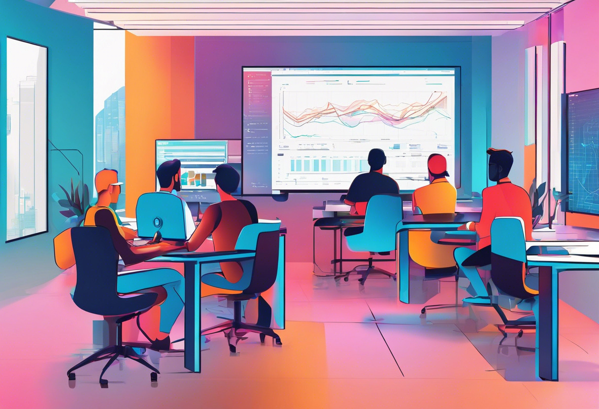 Colorful programmers navigating JVM on large screens in a modern tech hub