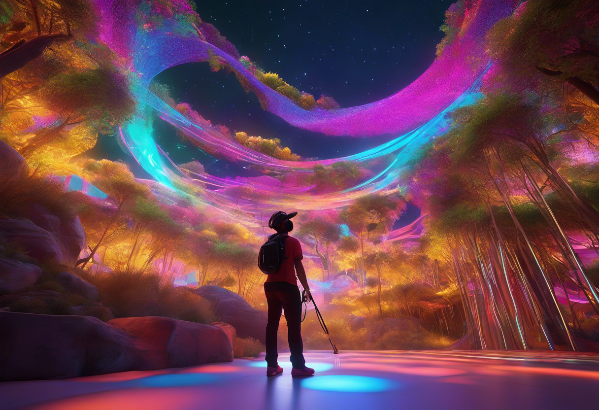 Colorful projection of a tech enthusiast navigating through the vivid landscapes of Metaverse