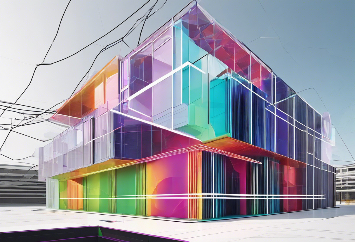 Colorful projections on a complex geometrical building generated by a Resolume artist