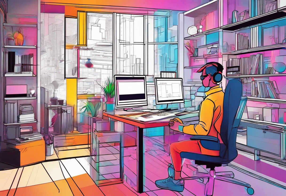Colorful render of an animator using Reallusion's iClone software to create a vibrant virtual environment