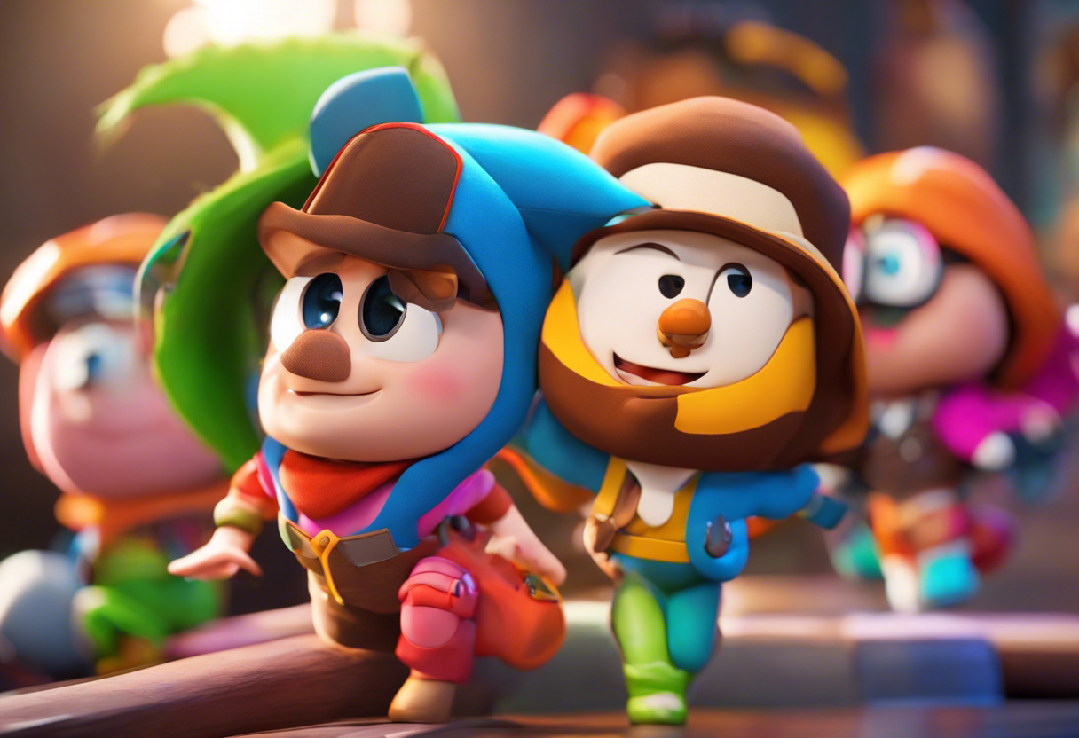 Colorful rendering of characters from a game created using Cocos2d, staged in a developer's studio