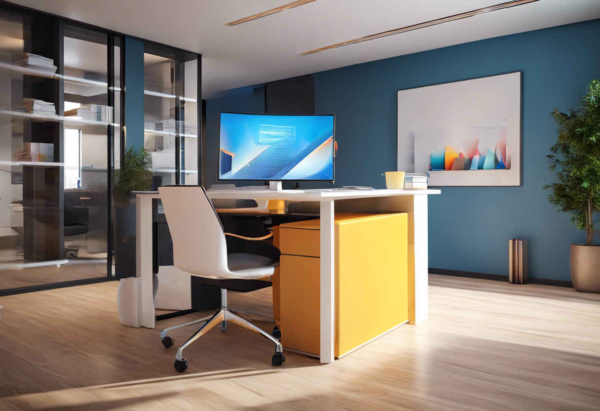 Colorful rendition of a professional in a modern equipped office using Meta Quest Pro