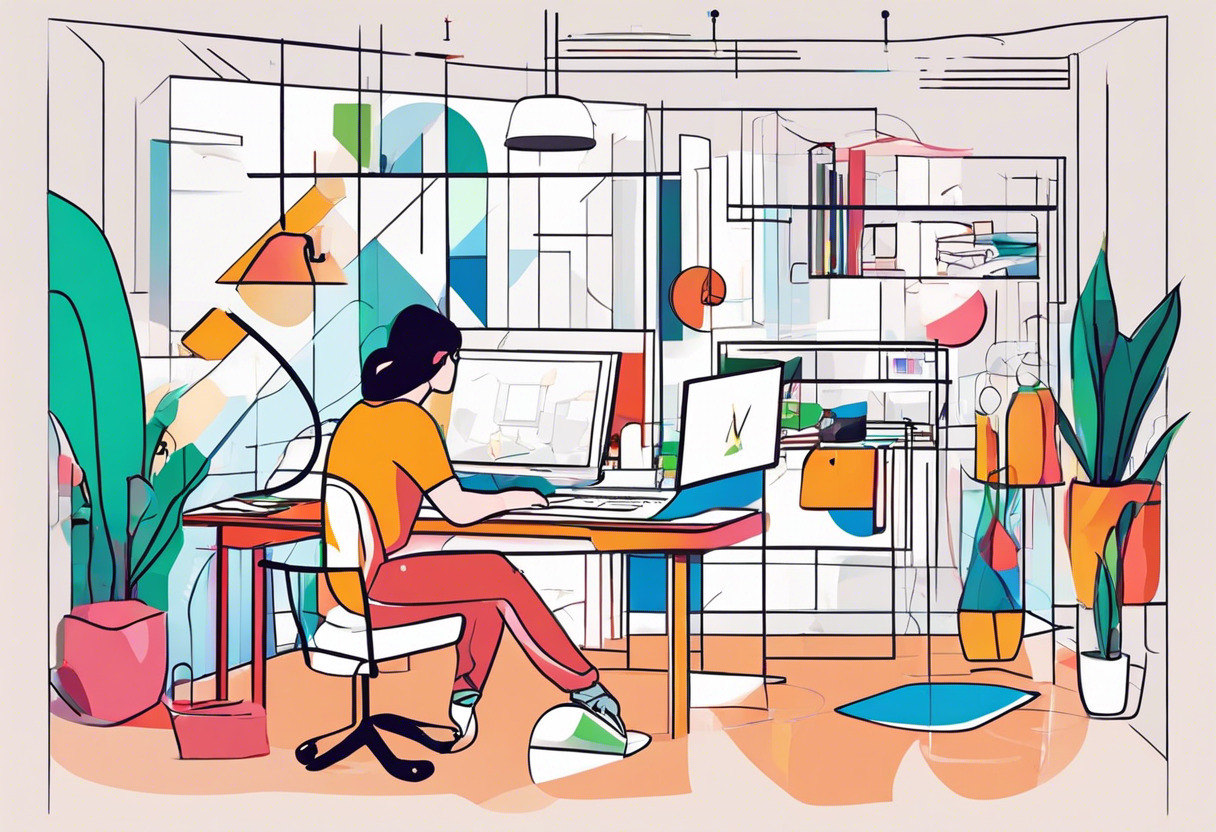 Colorful representation of a designer working on ZapWorks platform in a creative studio