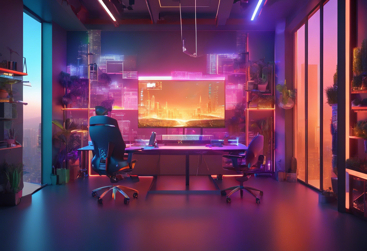 Colorful representation of a developer designing an immersive 3D game in an innovative tech hub