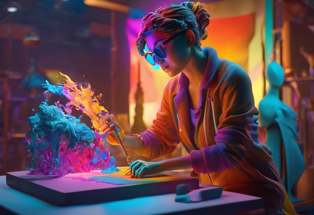 Colorful representation of a digital sculptor creating a masterpiece using 3DCoat, in a vibrant tech studio
