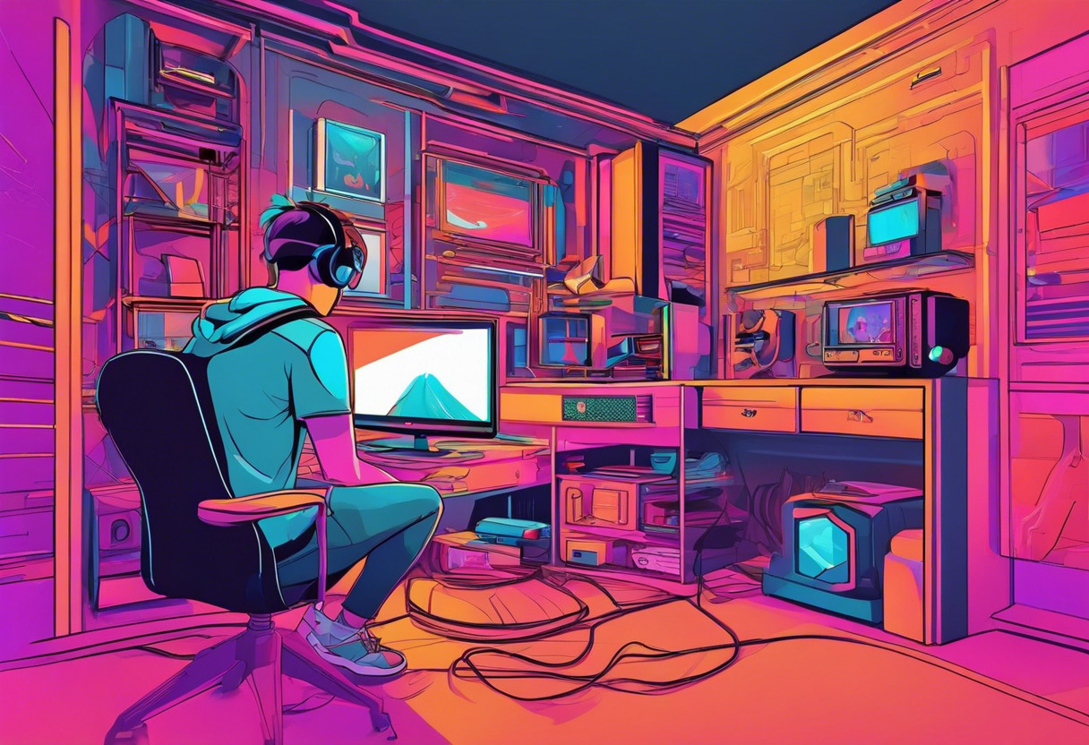 Colorful representation of a gamer in a tech-laden room, equipped with AR glasses immersed in a Unity-enabled game, showcasing 3D visuals