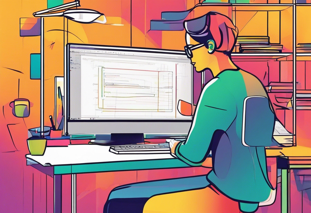 Colorful representation of a student interacting with GDevelop on a classroom computer