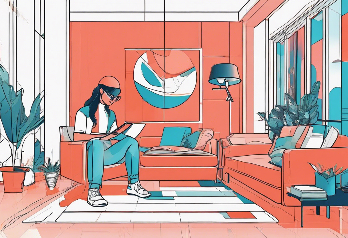 Colorful representation of a technophile engrossed in augmented reality in a modern living room