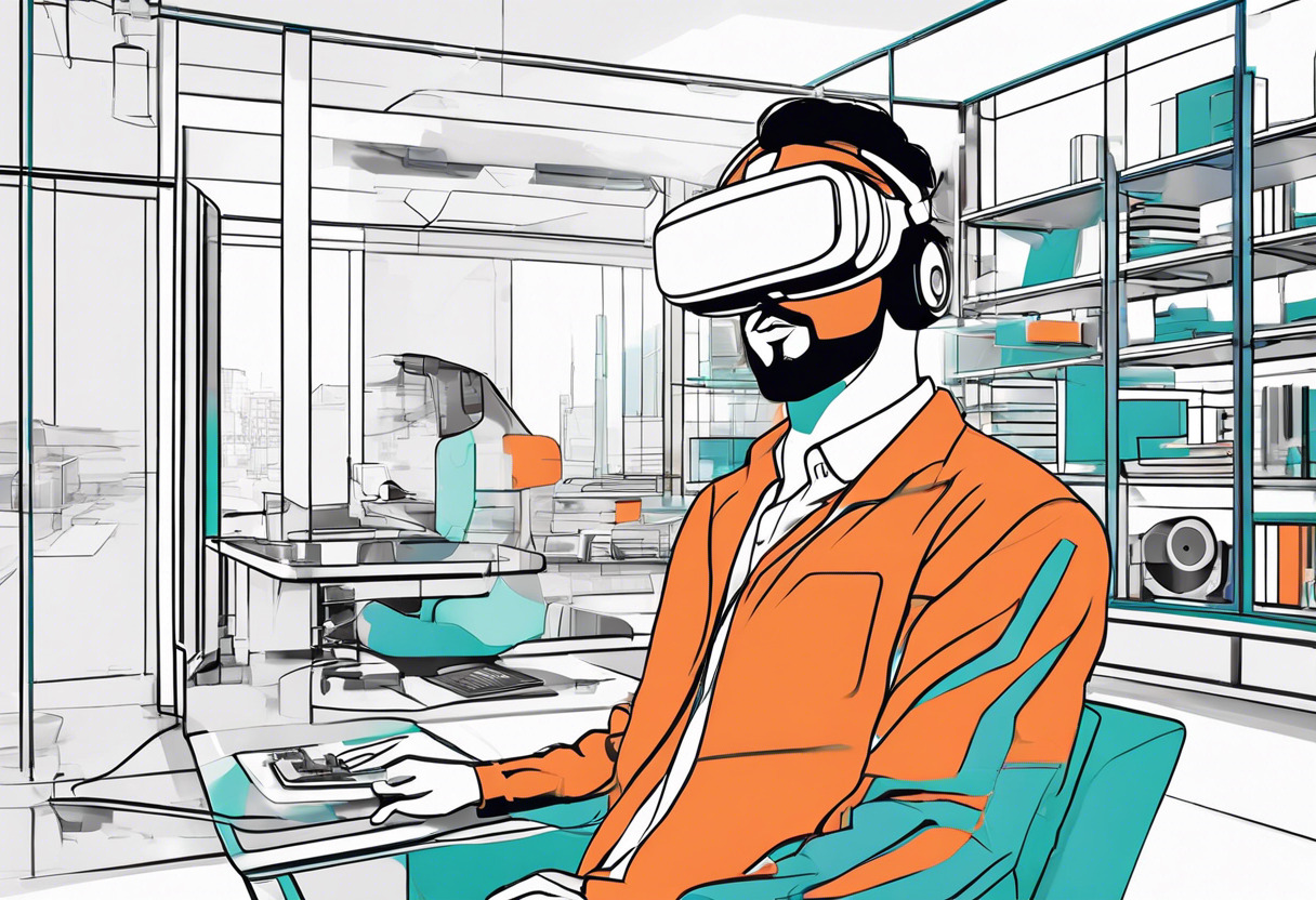 Colorful representation of a VR professional experiencing Varjo's high-resolution headset in a high-tech lab