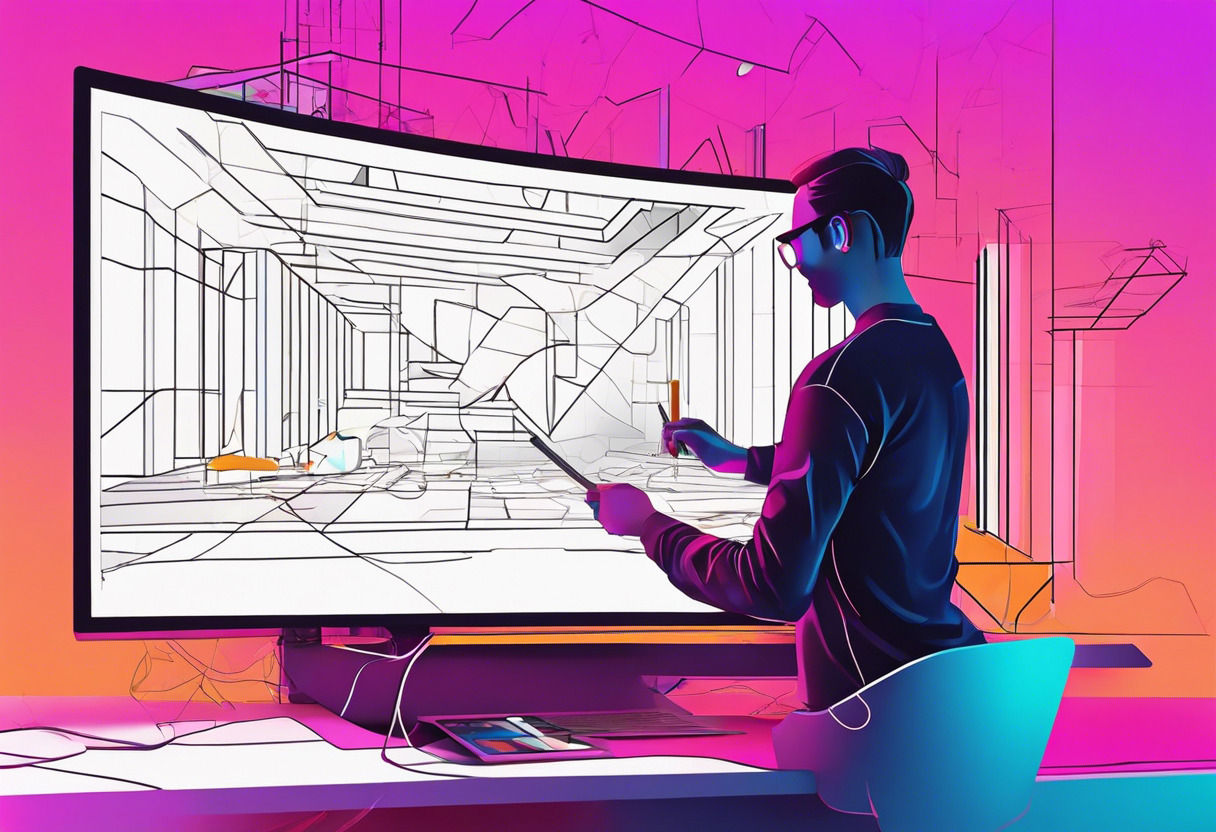 Colorful representation of an artist creating a vibrant projection mapping display using HeavyM software.