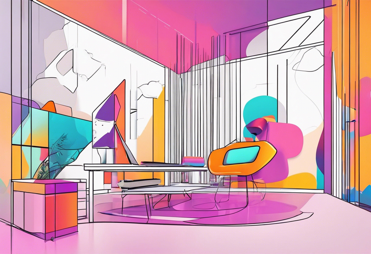 Colorful representation of an artist in a digital studio creating immersive 3D worlds