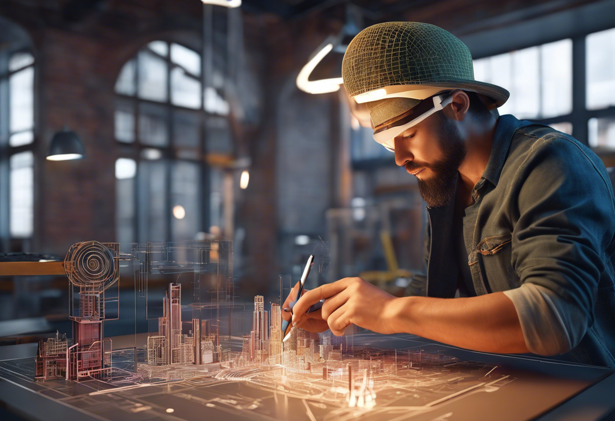 Colorful representation of an engineer making intricate designs on AutoCAD in an urban studio