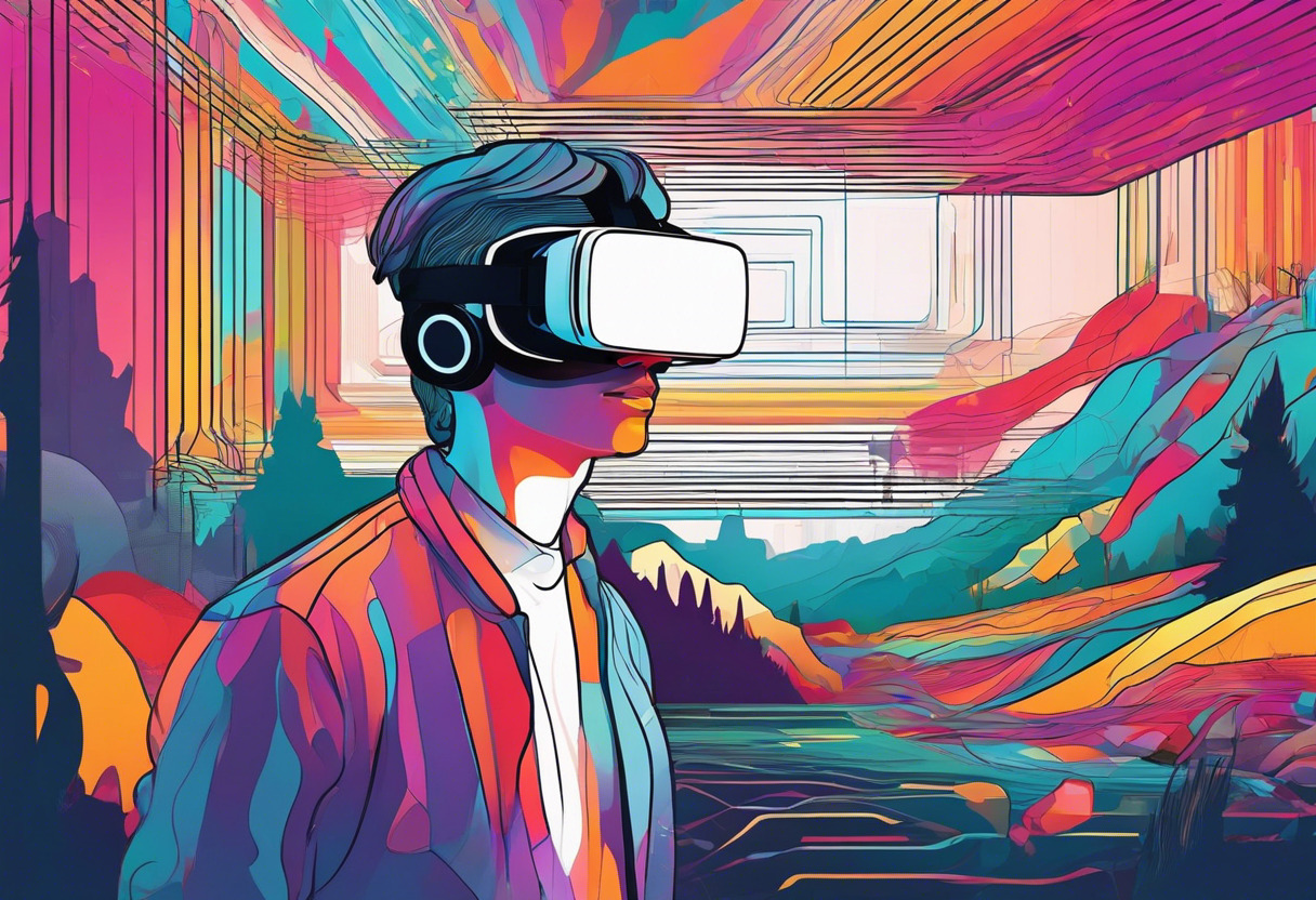 Colorful representation of an individual immersed in a virtual landscape, exploring through a VR headset.