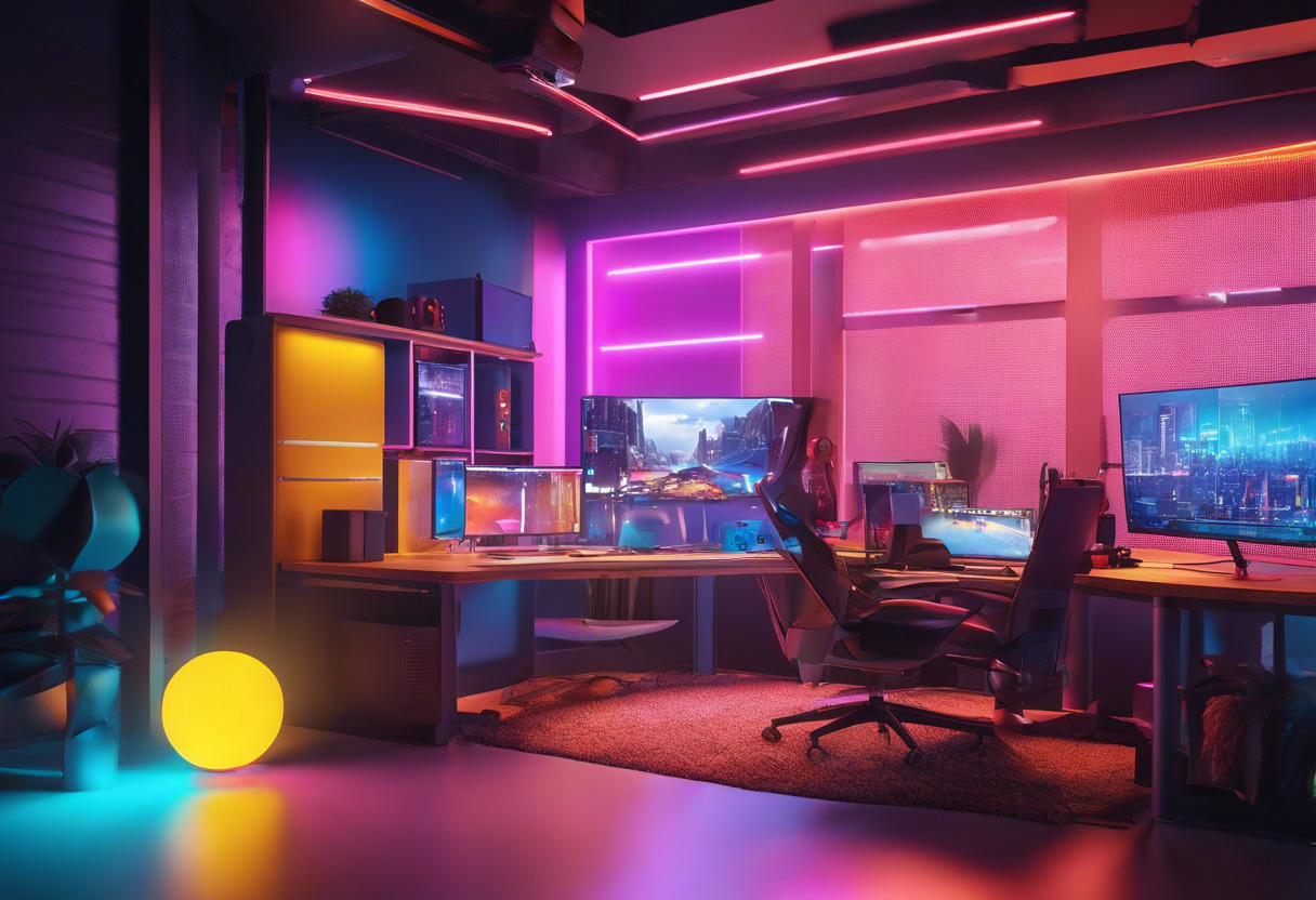 Colorful scenario showing a game developer using 3D technology in an innovative workspace