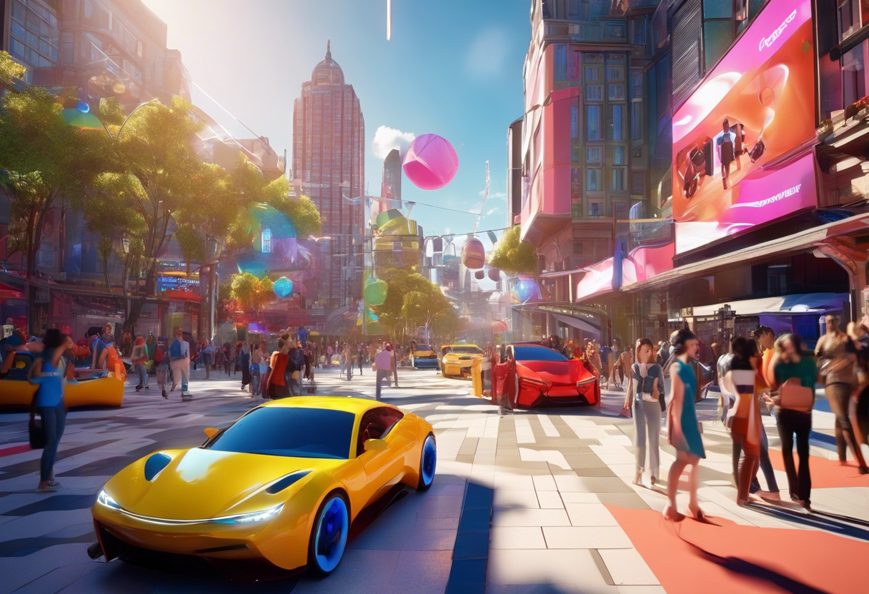 Colorful scene capturing an immersive augmented reality game played in a crowded city center
