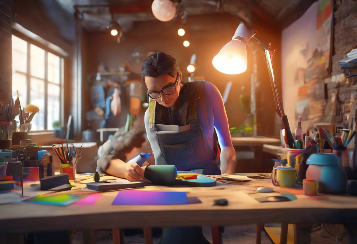 Colorful scene depicting a 3D artist at work using Mudbox in a studio