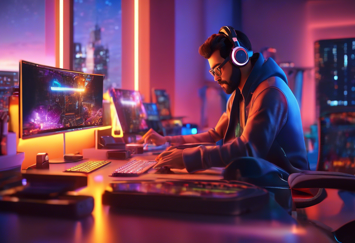 Colorful scene depicting a developer creating a virtual gaming world in his tech-savvy workstation