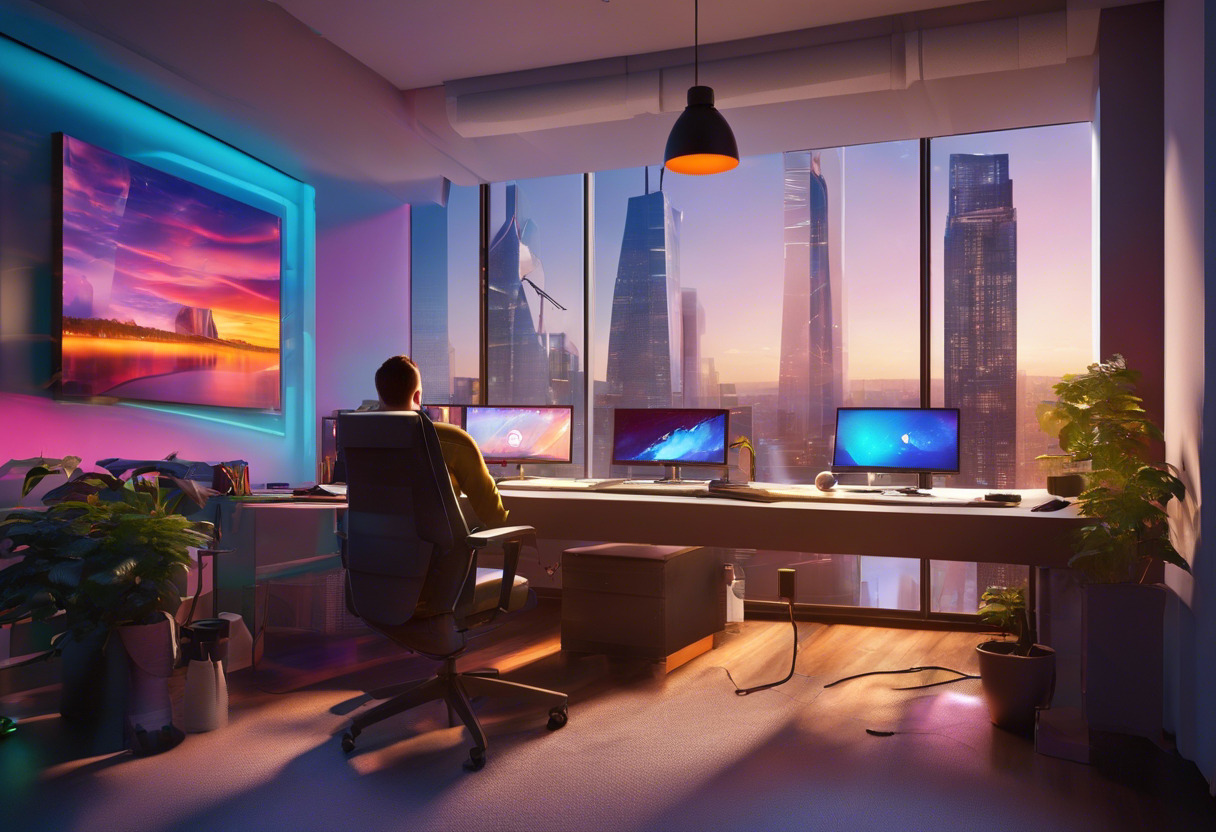 Colorful scene depicting a game developer working on an Unreal Engine project in a modern office