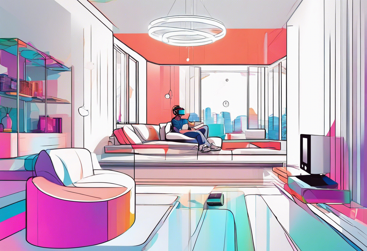 Colorful scene depicting a gamer in a living room captivated by the Valve Index VR headset experience