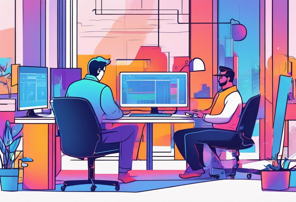 Colorful scene depicting developers collaborating in a studio, in front of multiple screens showcasing Godot's interface