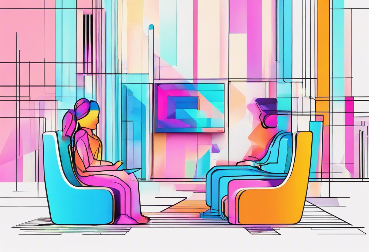 Colorful scene displaying the interaction of an individual with holographic 3D models, vividly showing the blend of physical and digital realities.