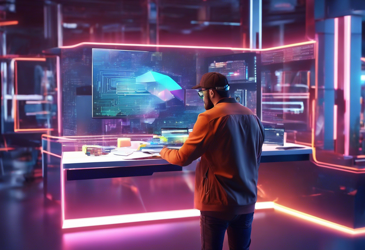 Colorful scene featuring a developer skilled in coding creating an augmented reality application at an ultra-modern tech lab