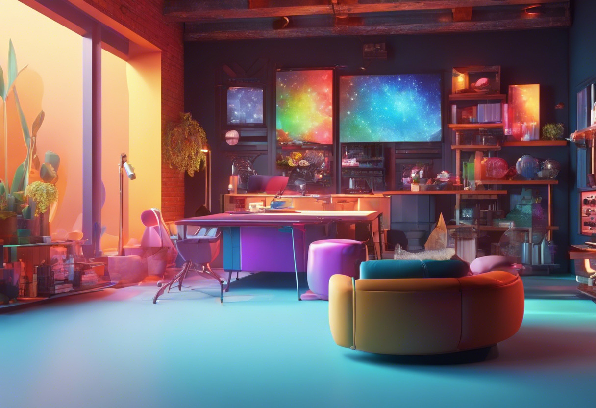 Colorful scene featuring an animation artist working on a Cinema 4D project in a well-equipped studio