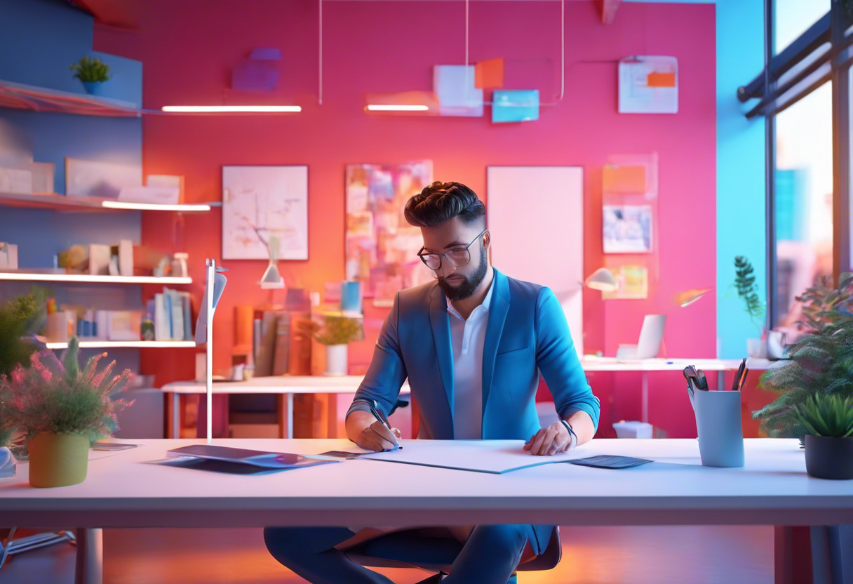 Colorful scene featuring an artist working on AR content in a modern office