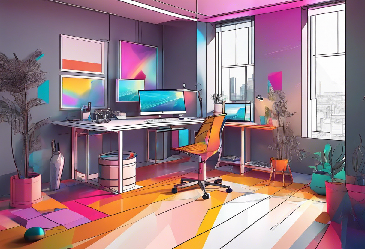 Colorful scene inside a design studio highlighting an artist using Daz Studio on a high-tech workstation
