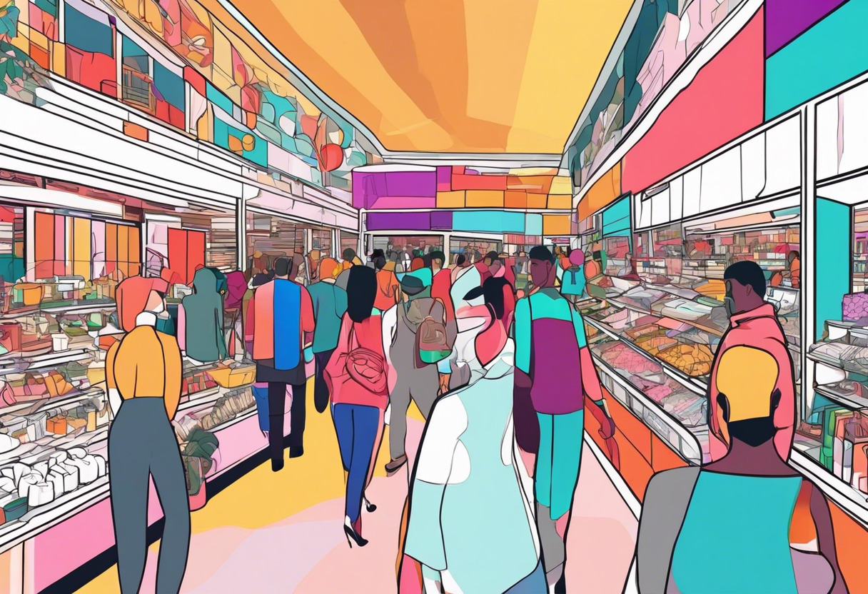 Colorful scene of a bustling marketplace in Second Life, teeming with avatars out on shopping sprees