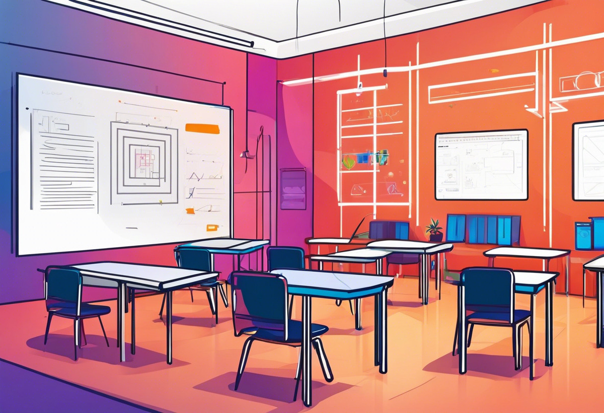 Colorful scene of a classroom immersed in learning game development with Construct 3 on a large interactive whiteboard