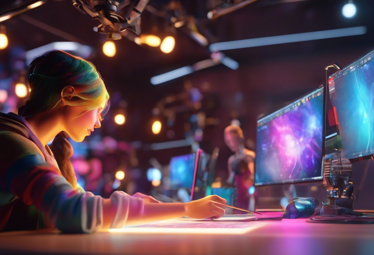 Colorful scene of a digital artist designing 3D human figures using Poser, within a virtual animation lab