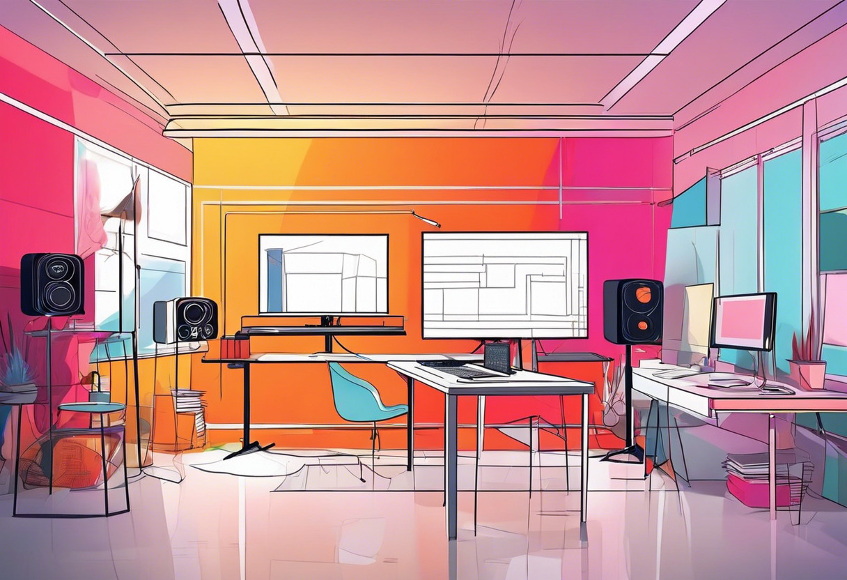 Colorful scene of a fully rendered digital animation studio with many artists