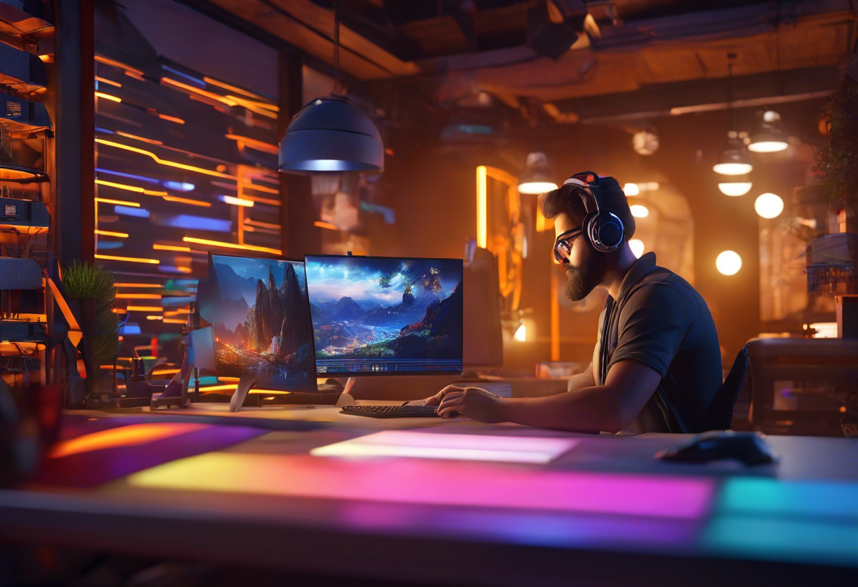 Colorful scene of a game developer at work creating graphics for a cross-platform game