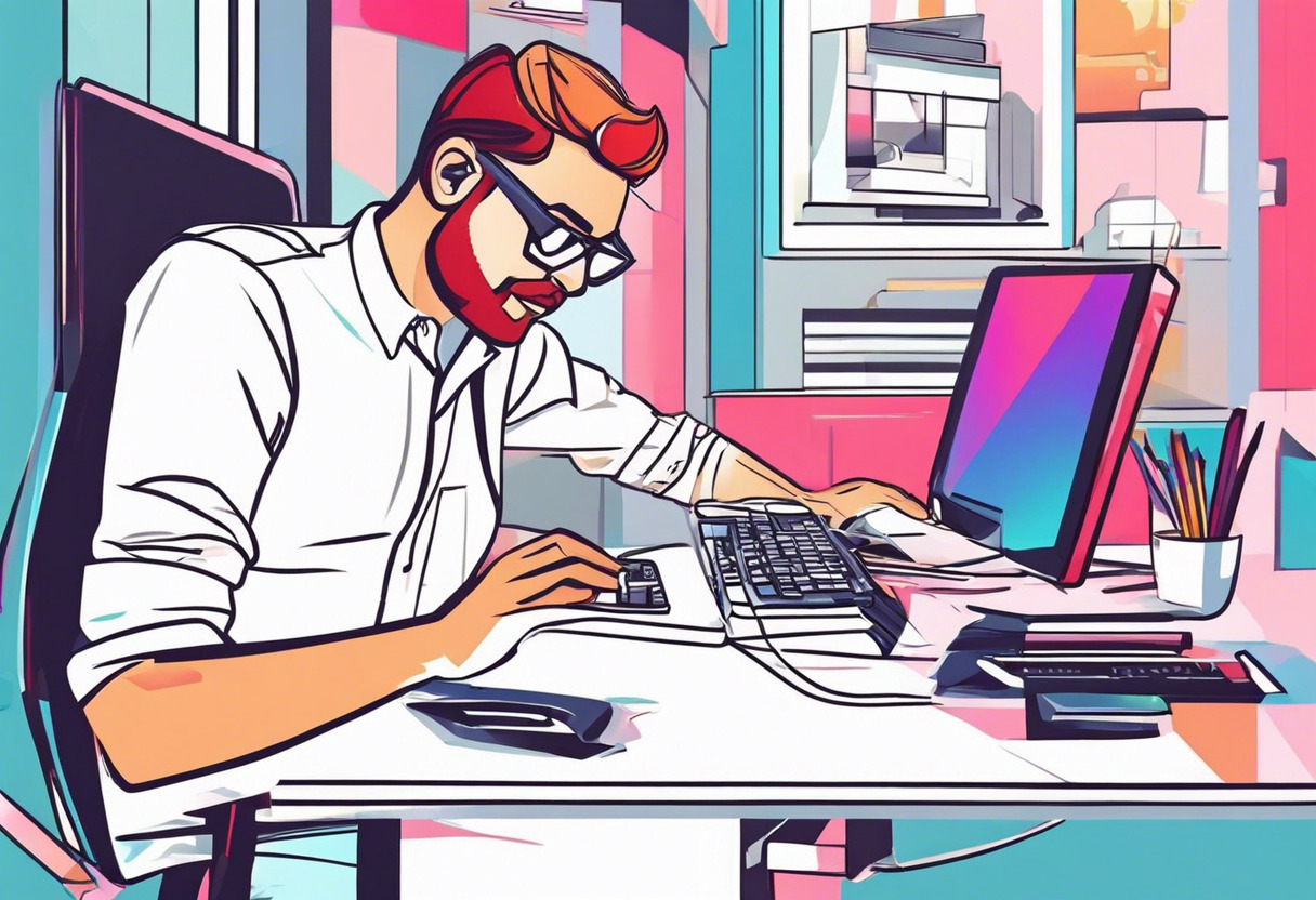 Colorful scene of a game developer using Phaser to design a cartoon-style game on a desktop